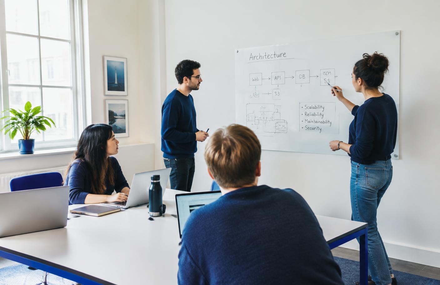 A small engineering team reviewing a system architecture diagram on a whiteboard