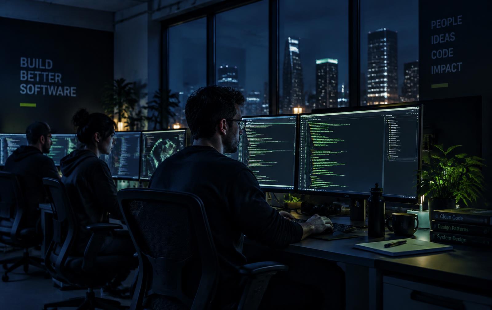 Software engineers working at multi-monitor workstations in a dark studio at night